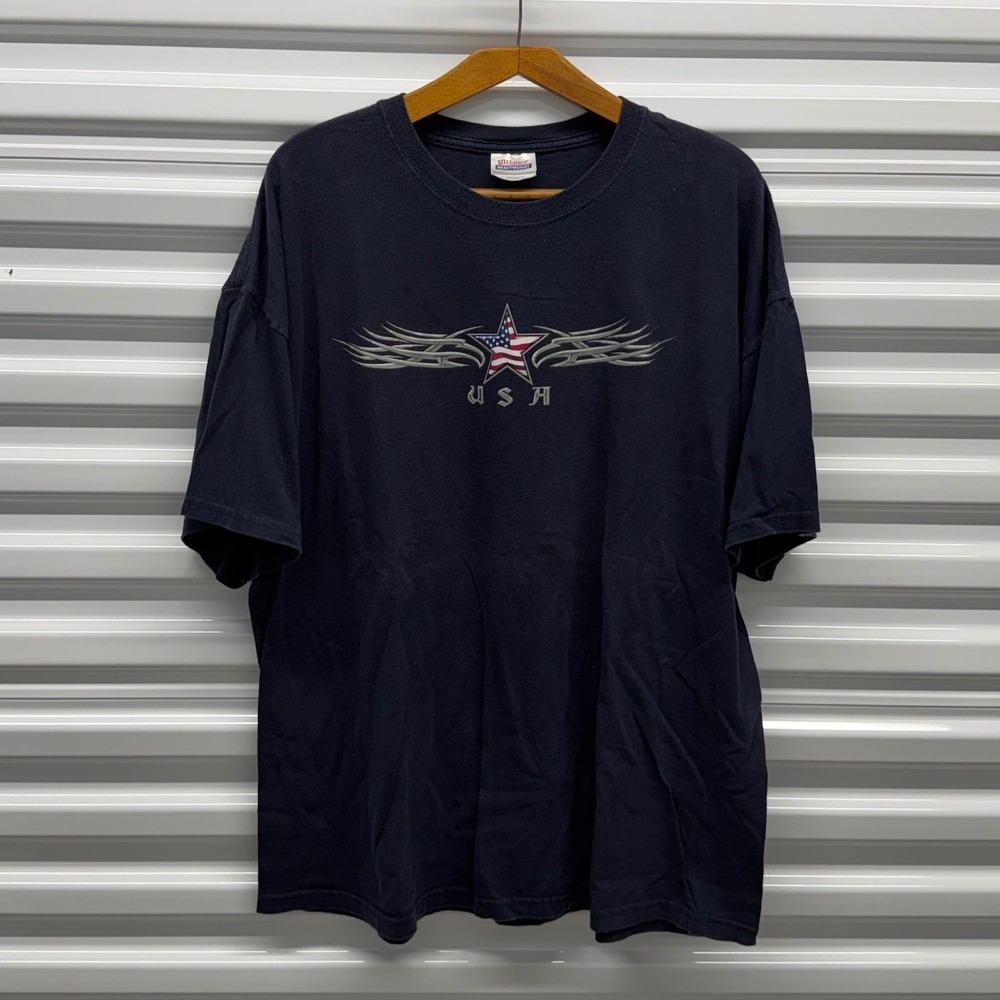 Early 00s USA Tribal Grunge Skater Washed Blue Mens XXL Shirt